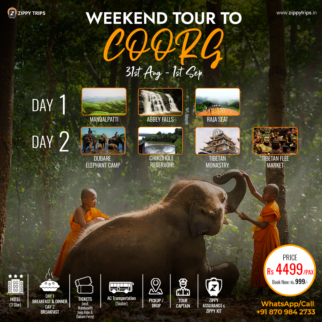 Coorg 2 days (2D 1N) Tour Package from Bangalore at just Rs 4499 by Zippy Trips - accomodation, transport, and meal includeded